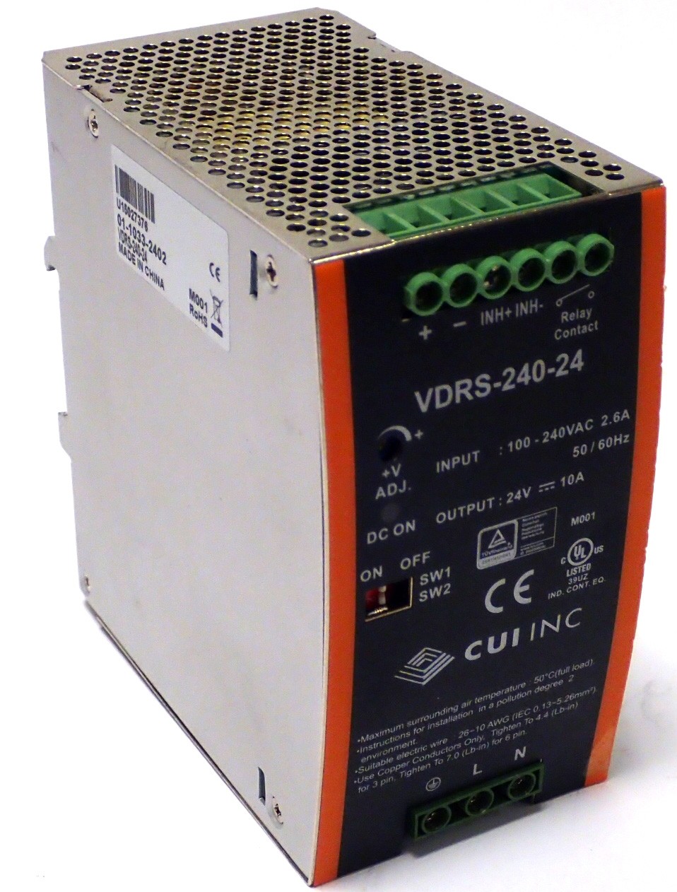 CUI Inc VDRS-240-24 Power Supply 240W 24Vdc Single Output DIN Rail