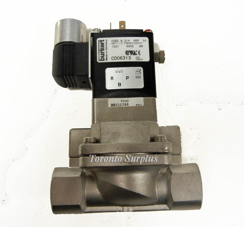 Burkert 0282 A 3/4 NBR SS, NPT 1/2 PMAX230PSI Servo-Assisted Solenoid Valve with Isolated Pilo