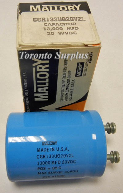 Mallory CGR / 33UO20V2L Capacitor, 13,000 MFD, 20 VDC, BNIB / NOS