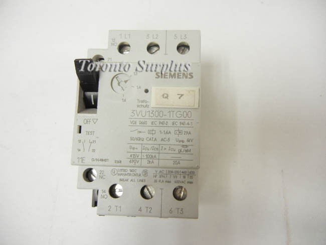 Siemens 3VU1300-1TG00 1-1.6Amp 50/60HZ 3 Pole 3 Phase Circuit Breaker