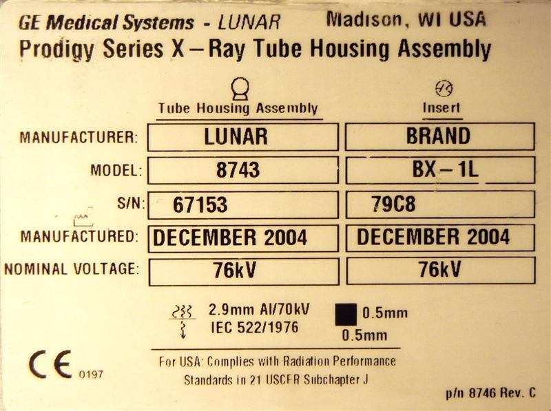 GE Medical Systems Lunar Prodigy Series Model 8743 X-Ray Tube Housing Assembly