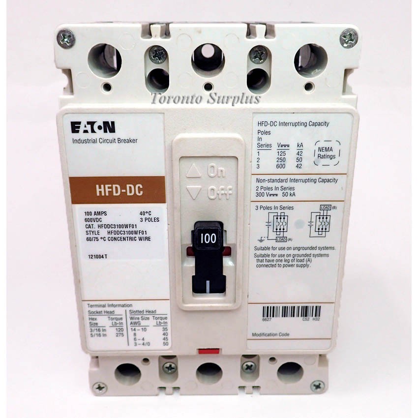 Eaton HFDDC3100WF01 Industrial Circuit Breaker 100A 600 VDC 3 Pole NOS