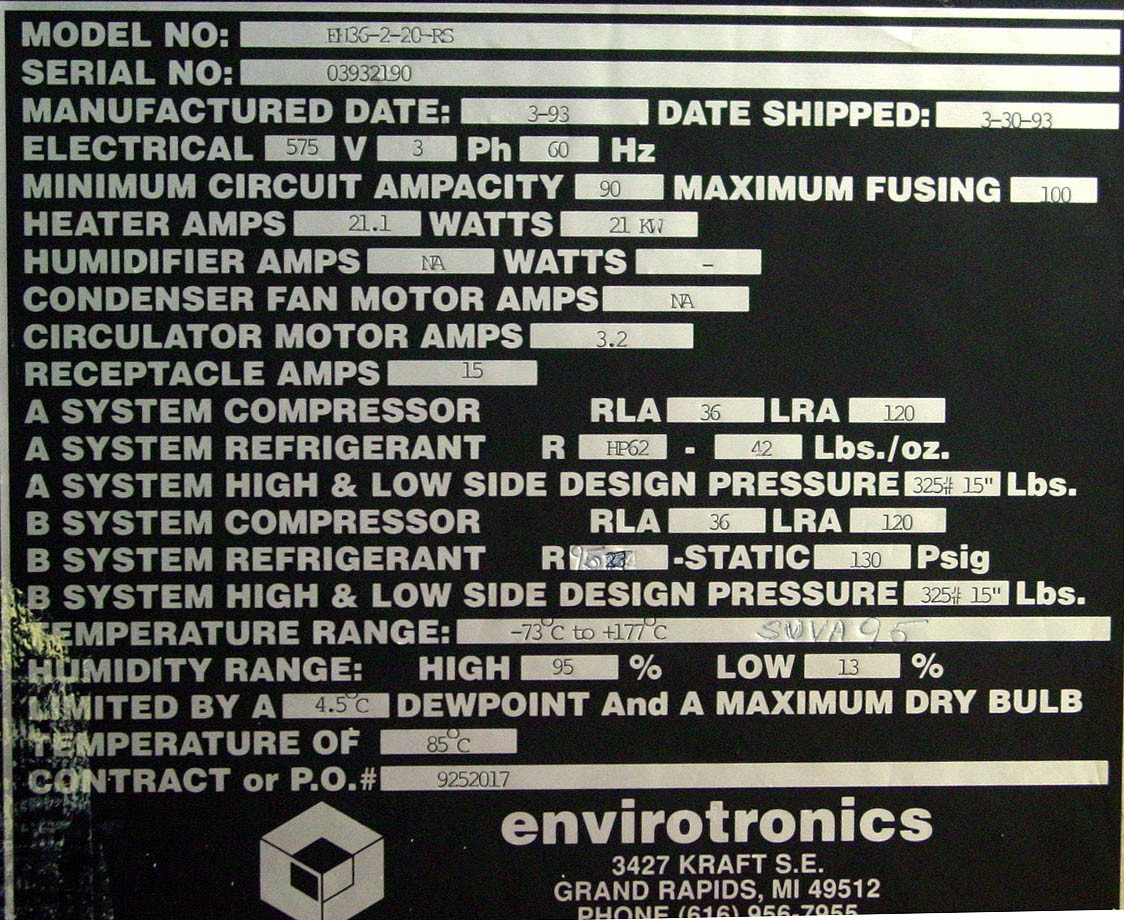 Envirotronics EH Series EH 36-2-20-RS High Speed, High-Low Temperature Humidity Test Chamber, Environmental Test Chamber