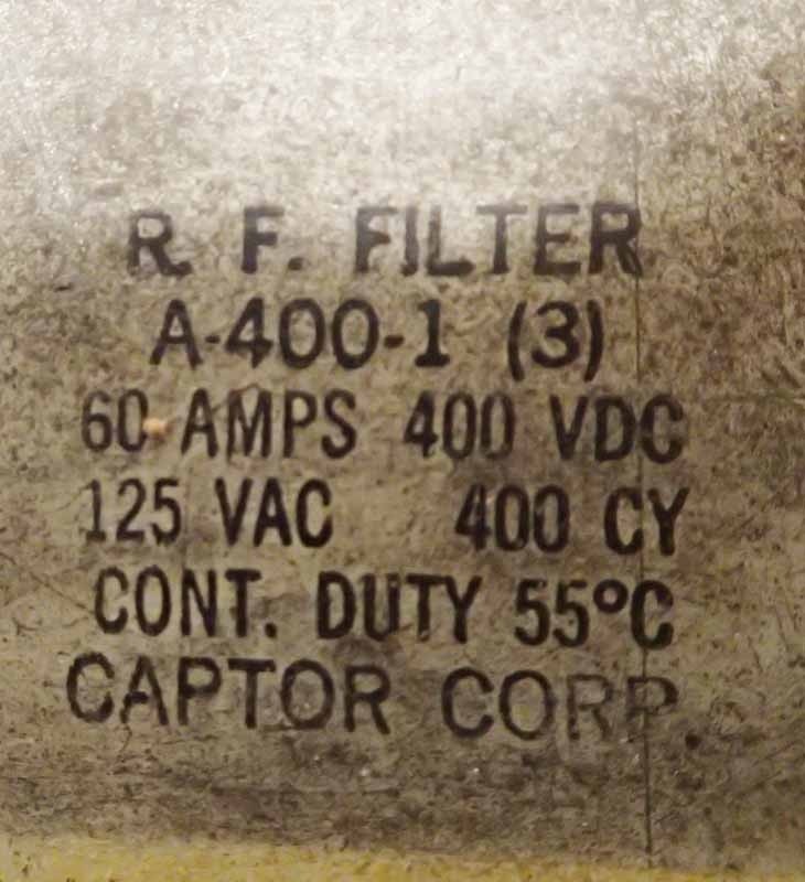Captor Corp R.F. Filter A-400-1 (3)  60A  400Vdc  125Vac 400CY 