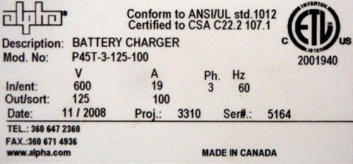 Alpha P45T-3-125-100 Battery Charger Input 600V, 19A. Output 125V, 100A. 3 Phase, 60 Hz. New NOS 